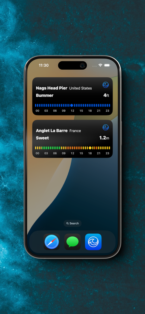 Widgets de l'écran d'accueil Wavez Forecast pour iOS montrant les conditions de surf pour la jetée de Nags Head et Anglet La Barre