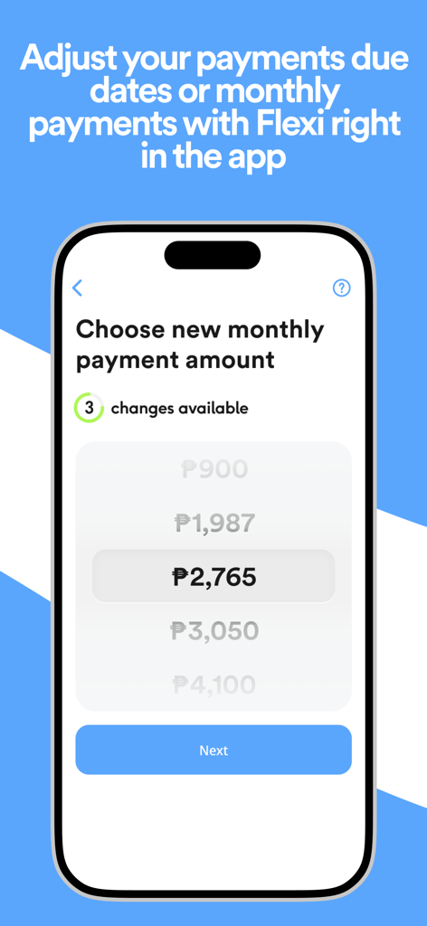 Mobile screen of Skyro app showing the option to adjust monthly payment amounts using the Flexi feature