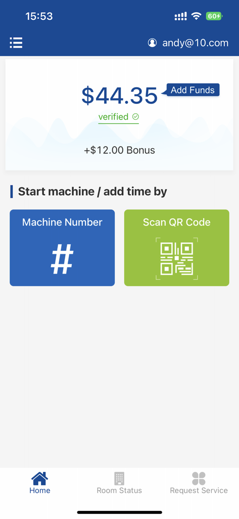 Coinamatic laundry app dashboard showing account balance and machine start options via QR code or machine number