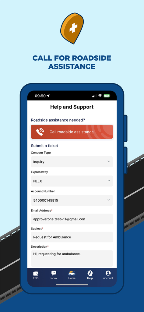 MPT DriveHub - Pantalla de asistencia en carretera y soporte de ayuda de la aplicación MPT DriveHub