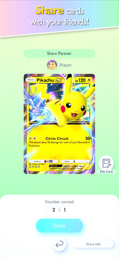 Pokémon TCG Pocket - Ein Screenshot der Pokémon TCG Pocket App, der zeigt, wie eine Pikachu ex-Karte mit einem Freund geteilt wird.