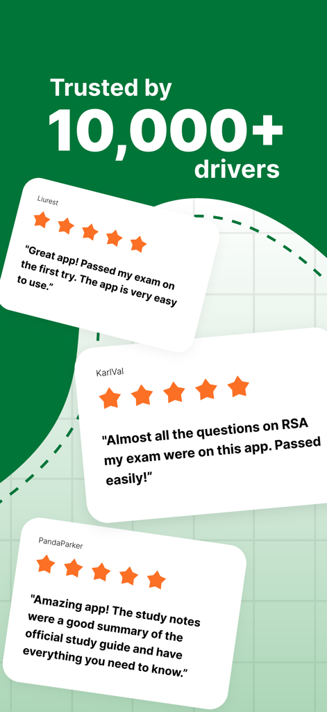 Driving Test Routes Ireland - Positive user testimonials and five star ratings for the RSA Theory Test app