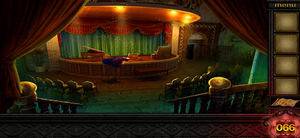 A mystery crime scene on a theater stage with a piano in Room Escape Cost of Jealousy