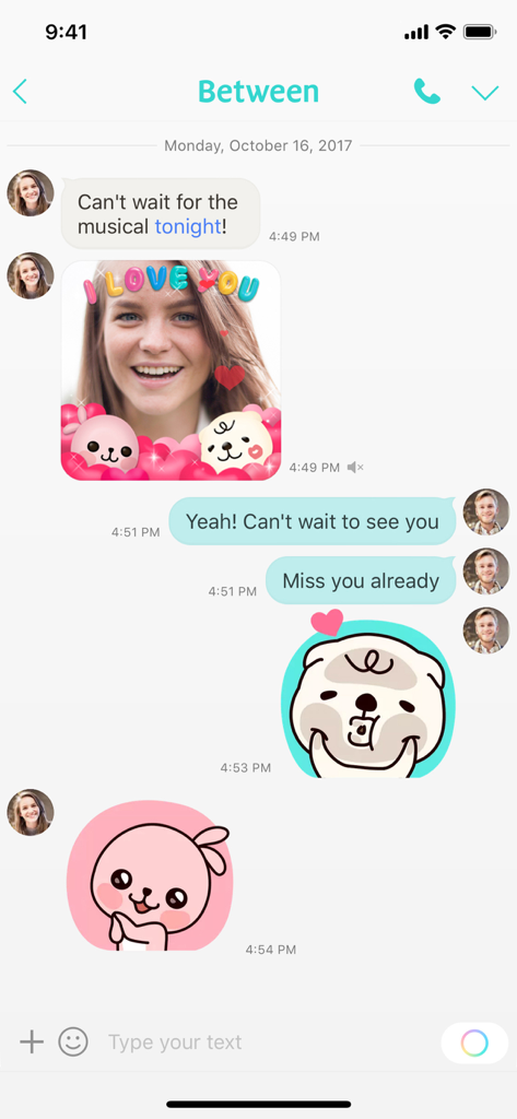 Ein privater Chat-Bildschirm in der Between App mit romantischen Nachrichten und niedlichen Stickern für Paare.