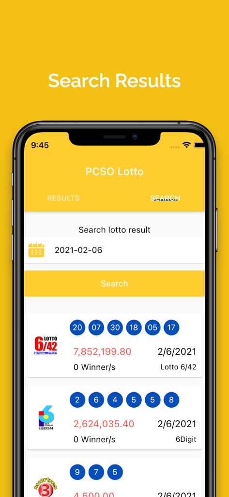 PCSO Lotto app search results screen showing winning numbers and jackpot amounts for Philippine lotteries.