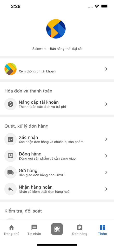 Salework - Salework mobile app menu screen displaying sections for order processing payment management and user account settings