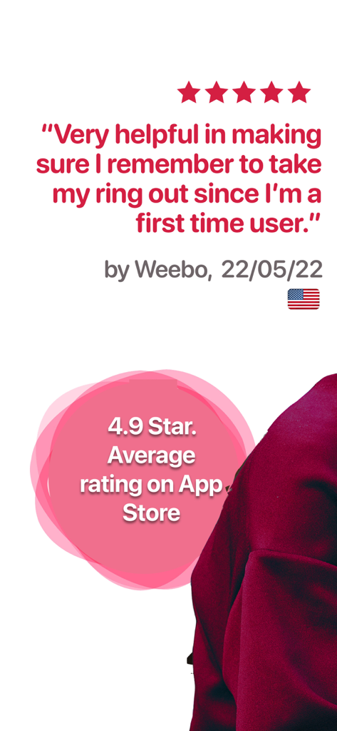 Uma avaliação de cinco estrelas de um usuário e a classificação média de 4,9 na App Store para o aplicativo Lembrete de Anel Contraceptivo plus