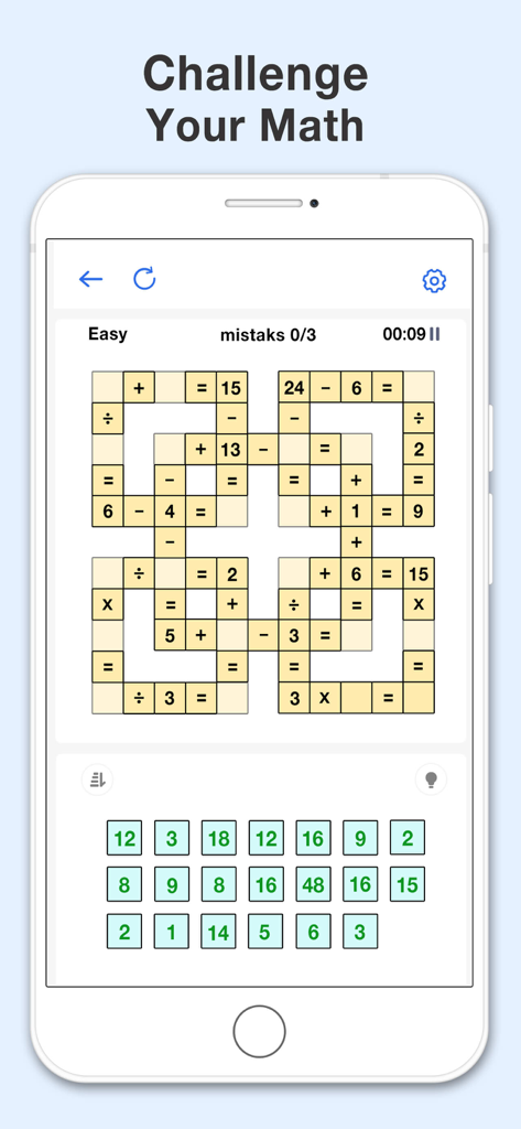 A math crossword puzzle game showing a grid of equations and number buttons on a mobile device screen