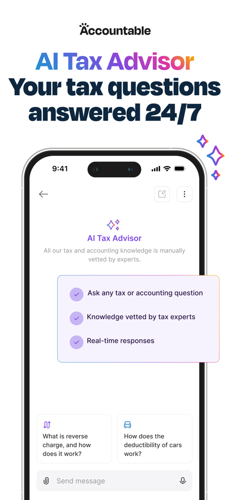 Accountable app AI Tax Advisor interface providing 24/7 tax and accounting answers for freelancers