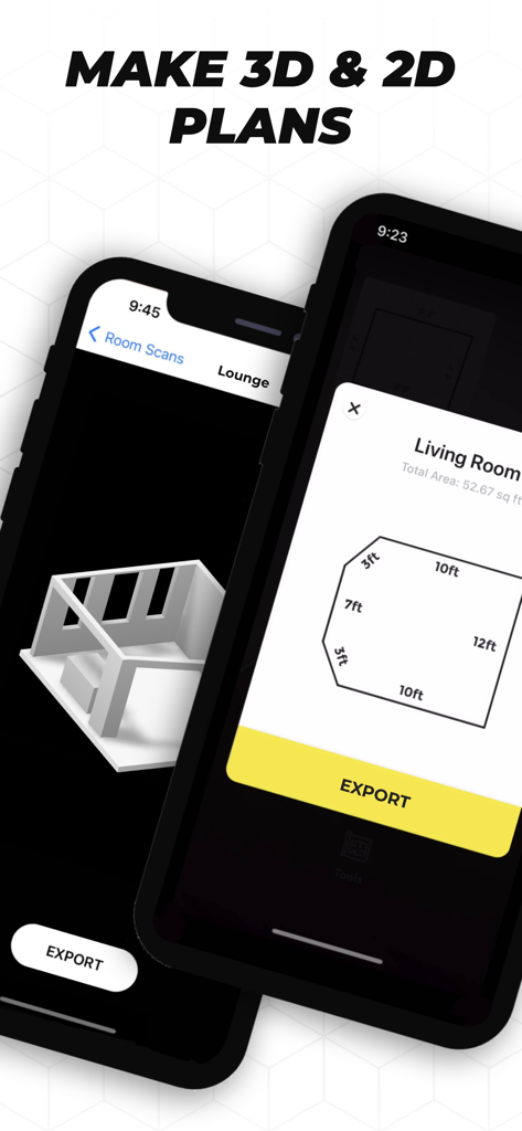 Tape Measure app interface showing a 3D room scan and a 2D floor plan with dimensions