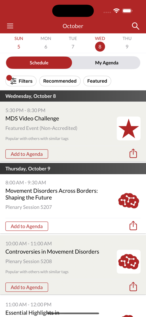 MDS Events - MDS Events app interface showing a medical conference schedule for the International Congress of Parkinson’s Disease and Movement Disorders