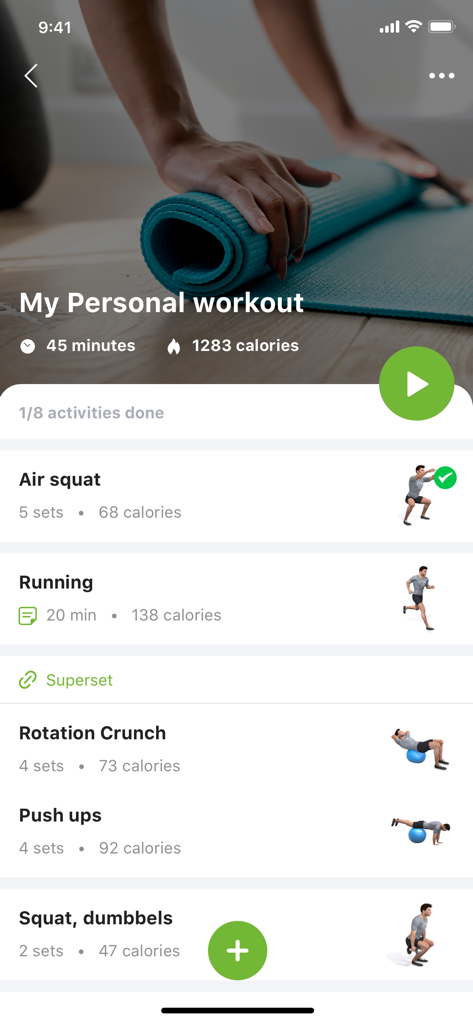 Buzz Gym - Screenshot of the Buzz Gym app showing a personal workout session with a list of exercises and 3D demonstrations.