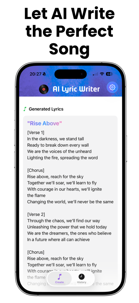 AI Song Lyric Writer Generator - Ein Smartphone-Display zeigt die KI-Songtext-Generator-App mit generierten Texten für einen Song mit dem Titel 'Rise Above', einschließlich Strophen- und Refrainabschnitten