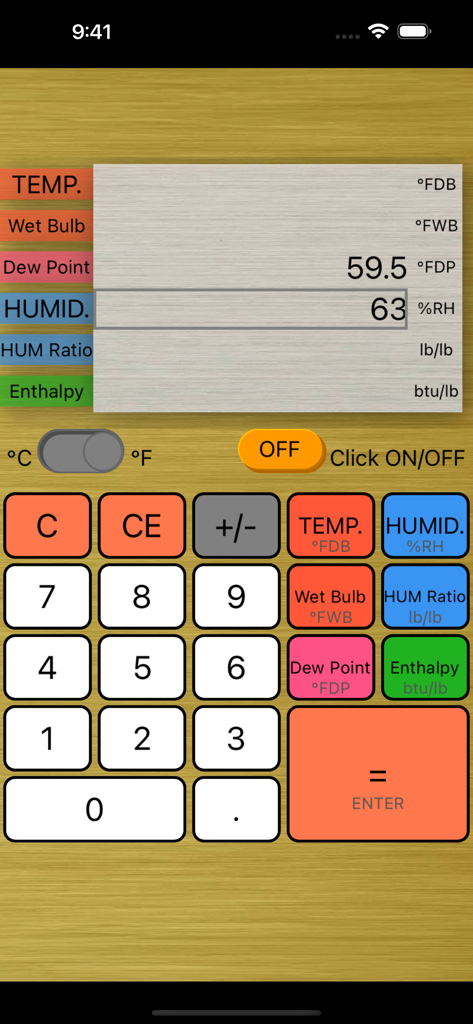 Calculator of Air - Calculator of Air app interface showing dew point and relative humidity calculations in Fahrenheit