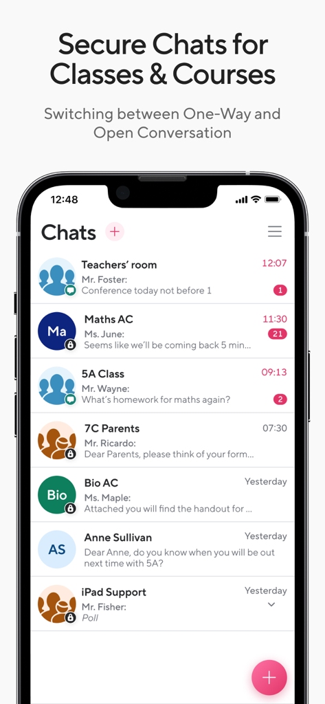 Sdui - Sdui app screenshot showing the secure chat interface with various school and parent groups