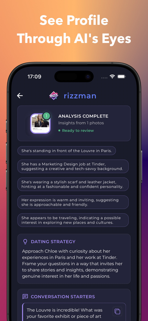 Rizz App - AI Dating Wingman - Pantalla de smartphone mostrando el análisis de IA de un perfil de citas con información personalizada y starters de conversación.