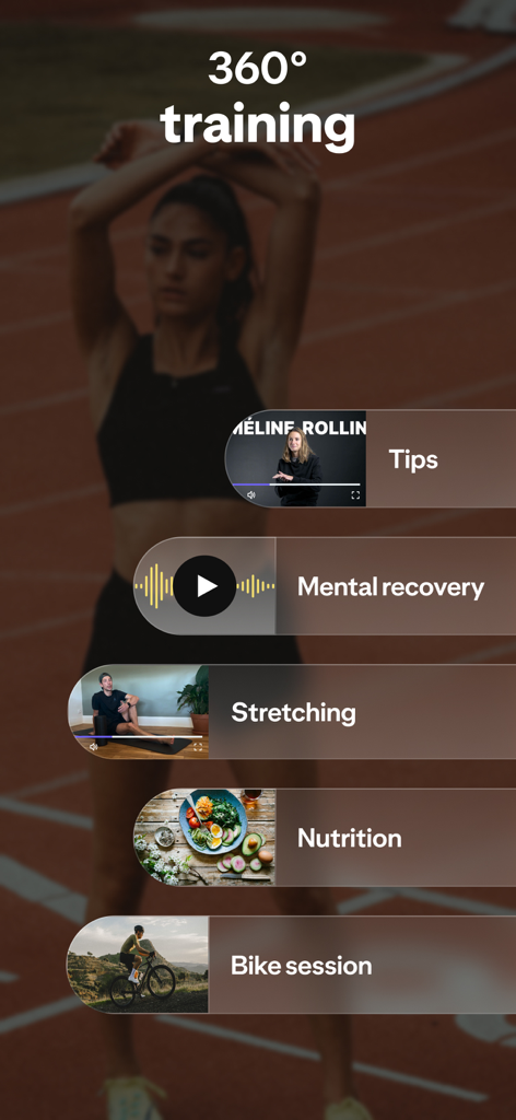Kiprun Pacer Running - Interface of the Kiprun Pacer app showing holistic training features including tips, mental recovery, stretching, nutrition, and bike sessions.