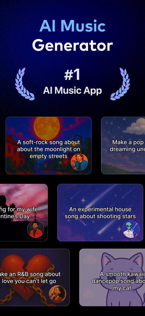 Zurna: AI Song & Music Maker - El generador de música con IA de Zurna mostrando indicaciones de creación de canciones para diferentes géneros musicales