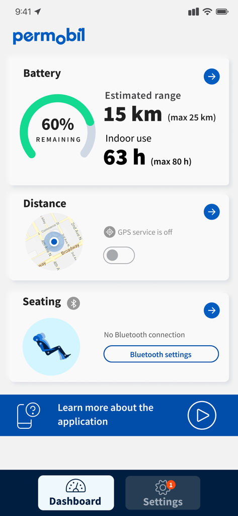 MyPermobil - MyPermobil app dashboard displaying wheelchair battery life, estimated travel range, and seating monitoring