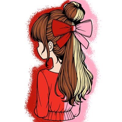 realistic girl  with hip length hair a bun and a big bow on the back of head