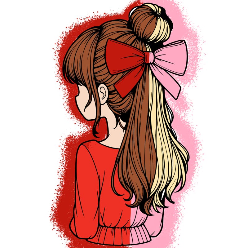 realistic girl  with hip length hair a bun and a big bow on the back of head