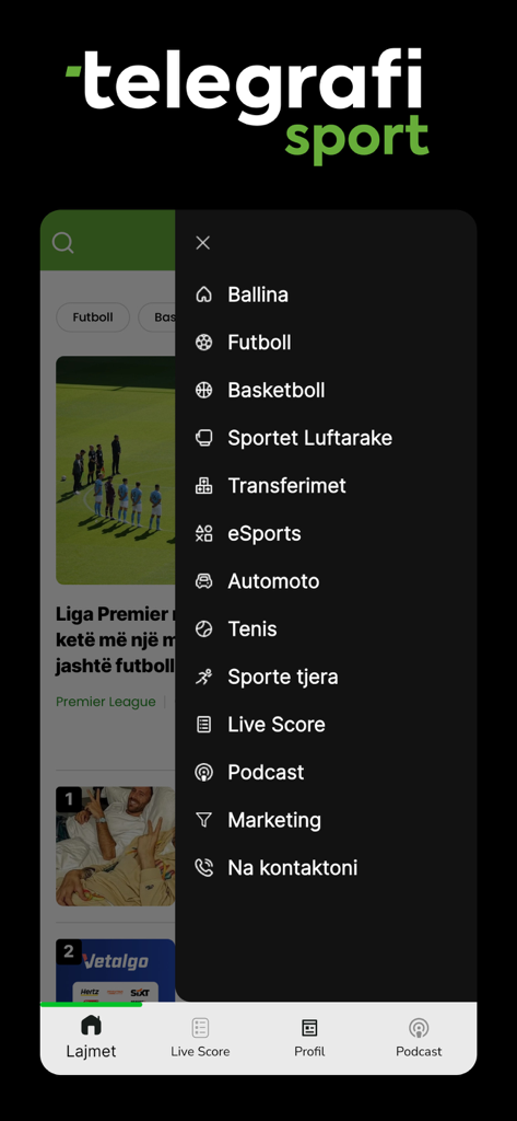 Telegrafi Sport - Menú lateral de la aplicación Telegrafi Sport mostrando varias categorías deportivas como fútbol, baloncesto y resultados en vivo