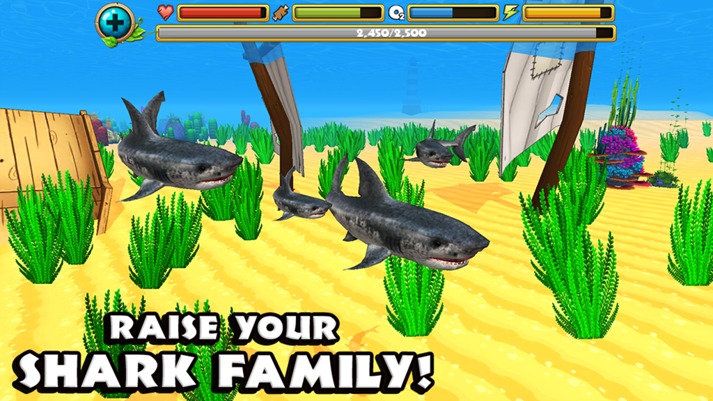 A group of great white sharks swimming together underwater with the text Raise Your Shark Family