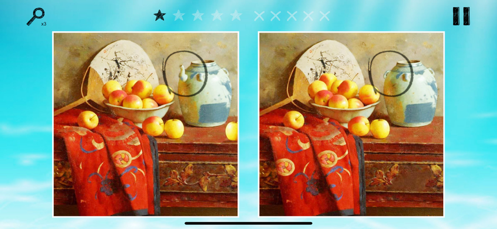 リンゴと花瓶の古典的な静物画を特徴とする、並べて比較された間違い探しのレベル。