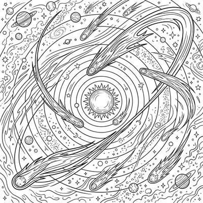 Dive into the mesmerizing dance of the cosmos with this intricate Comet Orbits coloring page. Explore a detailed solar system filled with planets, stars, and dynamic comets tracing their paths through space.