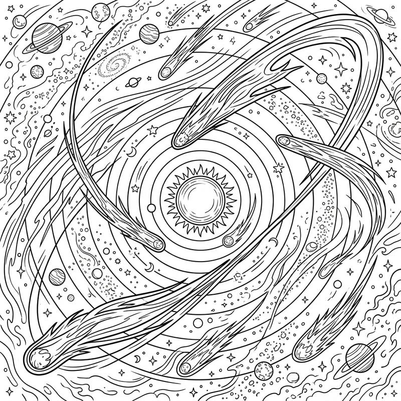 Dive into the mesmerizing dance of the cosmos with this intricate Comet Orbits coloring page. Explore a detailed solar system filled with planets, stars, and dynamic comets tracing their paths through space.