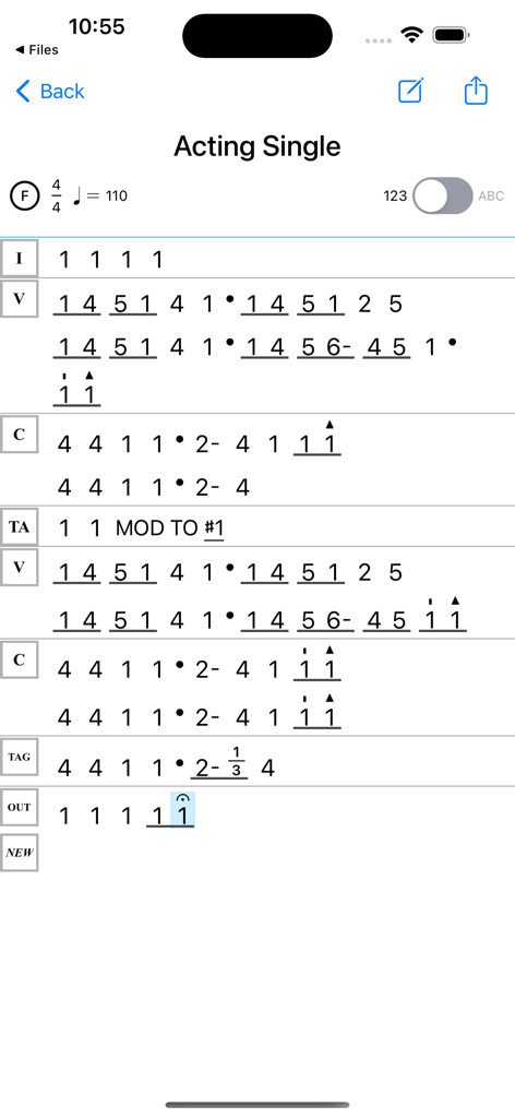 Nashville Numbers - Interfaz de partitura digital utilizando el Sistema de Números de Nashville para notación musical