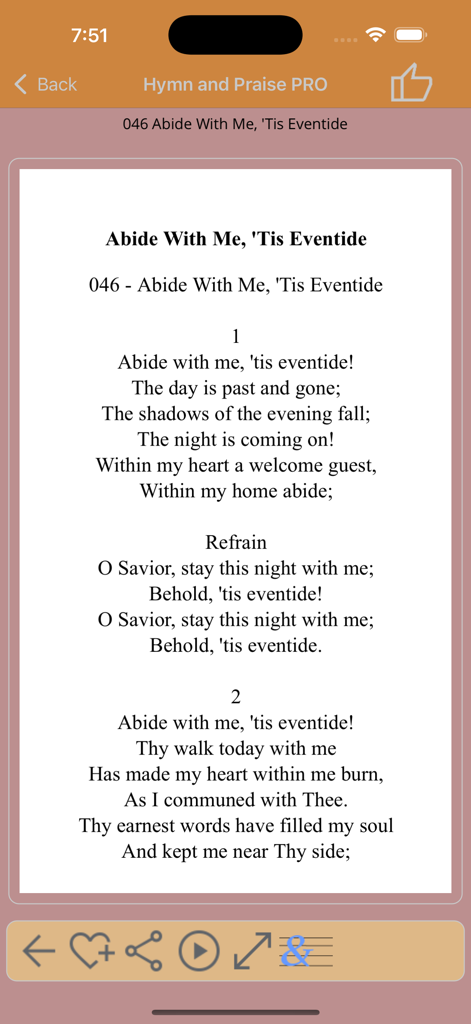 Hymn lyrics display for Abide With Me Tis Eventide in the Hymns and Praise Pro app