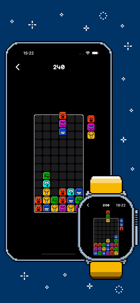 O jogo de quebra-cabeça retrô Arcadia, Bricko, exibido em um iPhone e Apple Watch Ultra