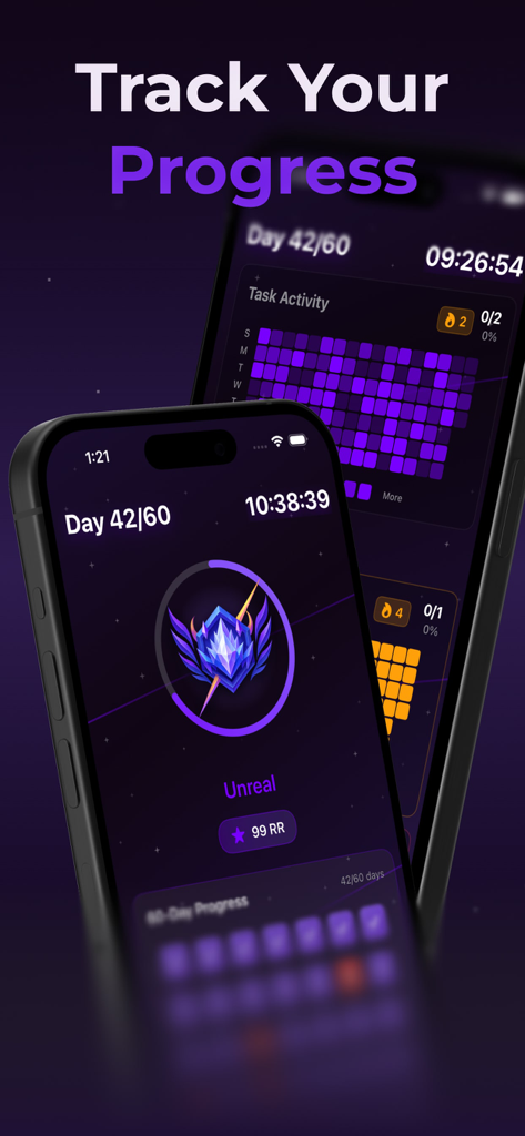Reload: Reset Life & Lock In - Reload app interface displaying a task activity heatmap and a gamified rank badge for habit tracking progress