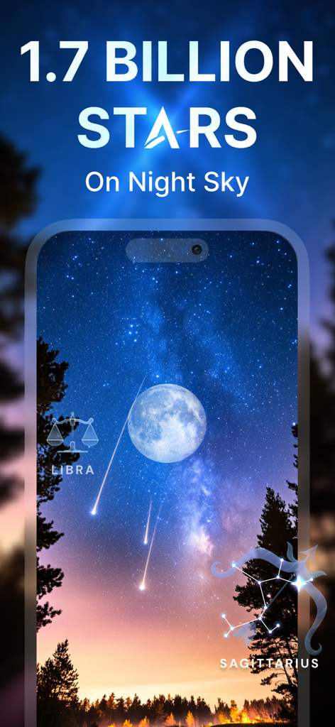 Star Gazer app displaying a starry night sky with constellations and the moon