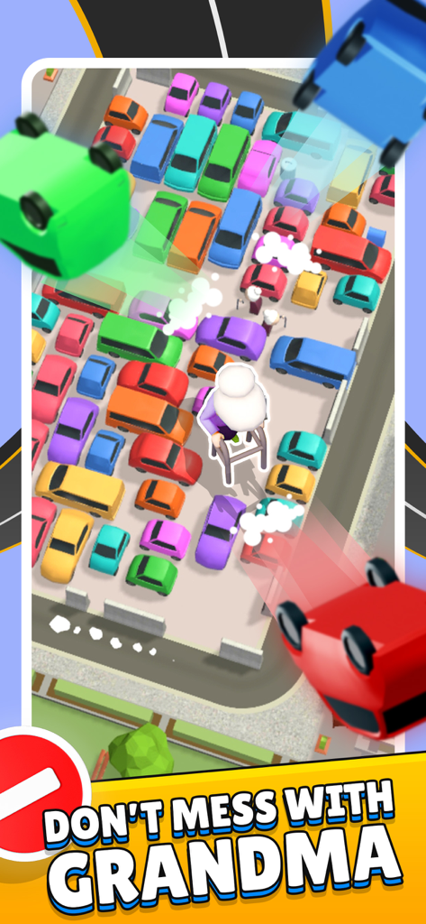 Una pantalla de juego de puzle de aparcamiento 3D que muestra un aparcamiento abarrotado con coches de colores y un personaje de anciana con andador en el centro.