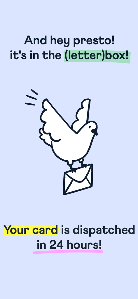 Fizzer - Personalized Cards - Un pigeon de dessin animé transporte une enveloppe avec un texte mentionnant l'expédition de la carte en 24 heures.