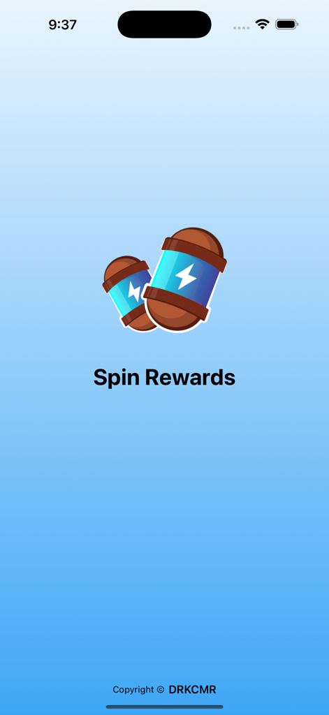 Pantalla de presentación de la aplicación Spin Rewards con iconos de giros de Coin Master y el título sobre un fondo azul.