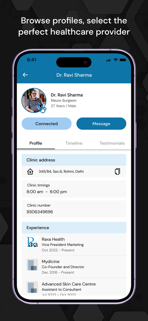 Profil eines Arztes in der Raxa-Gesundheits-App mit Details zu Klinik und Erfahrung.