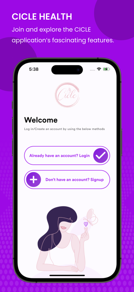 Welcome screen for the CICLE health app featuring login and signup buttons for period and fertility tracking
