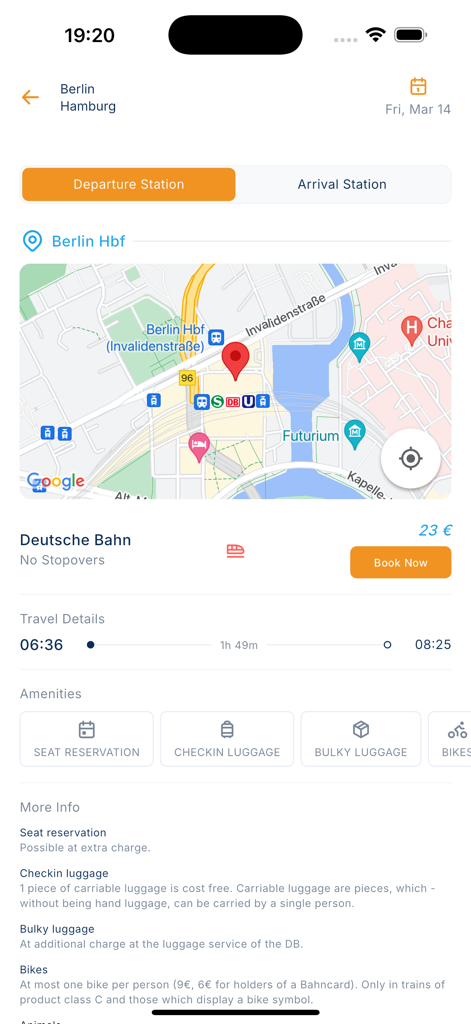 Mitfahren - Mitfahren app interface showing a train booking from Berlin to Hamburg with a map of the departure station
