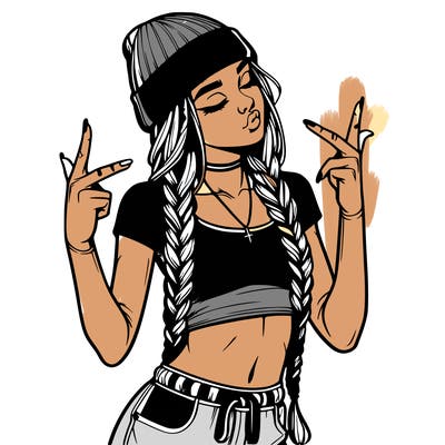 realistic teenage girl with braids and a beanie and crop top doing 🫶🏼