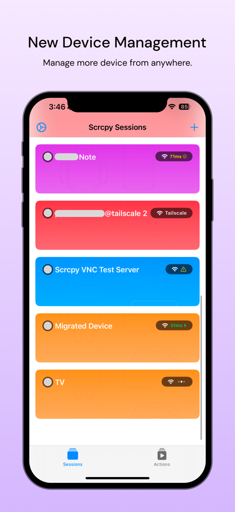 Scrcpy Remote app dashboard showing a list of active device sessions and Tailscale connections.
