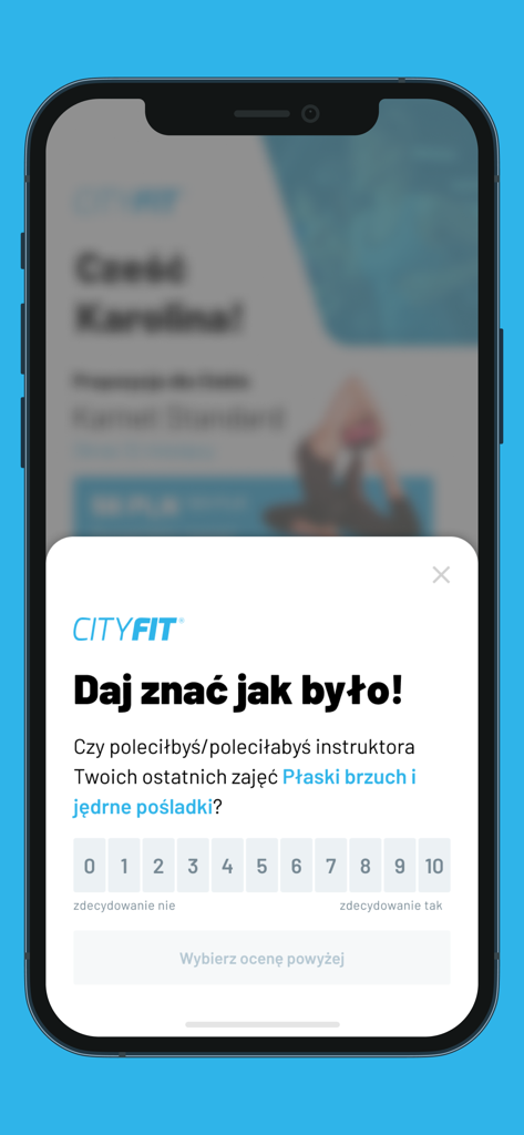 Smartphone-Bildschirm mit einem Pop-up-Fenster der CityFit-App zur Bewertung einer Fitnessklasse