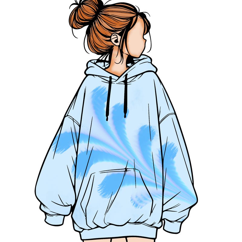 realistic girl with a oversized sweatshirt on and a bun