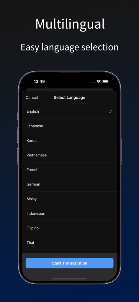 音声文字起こし用にサポートされているさまざまな言語を示す、Voice to Textアプリの言語選択画面。
