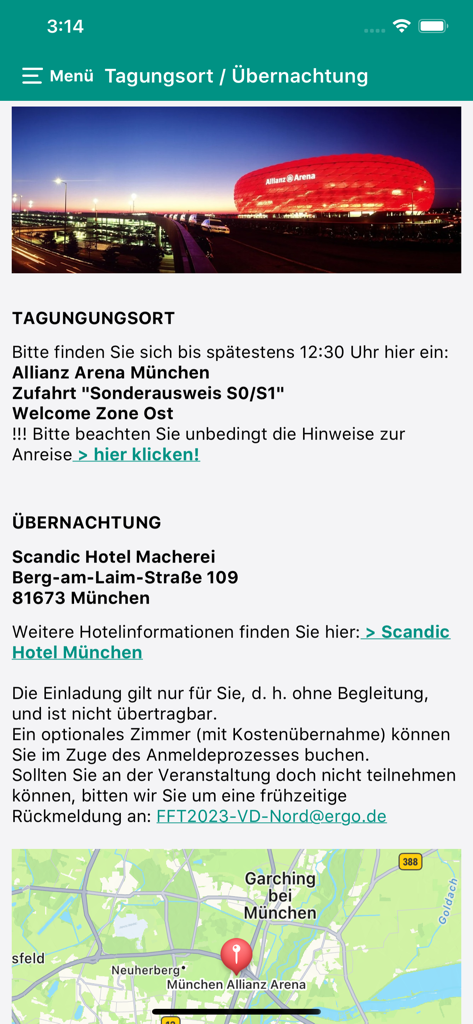 ERGO Events - Screen from the ERGO Events app showing event venue details at Allianz Arena and hotel information in Munich