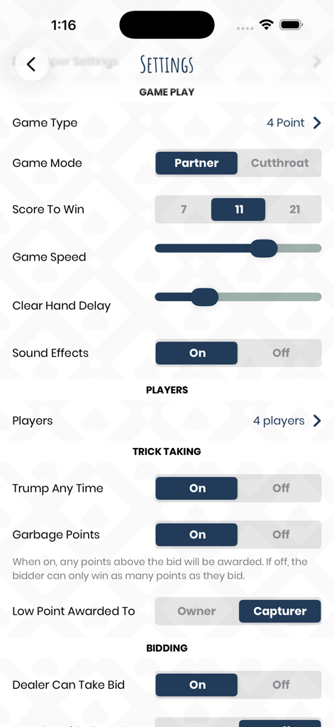 iPitch - The settings menu in the iPitch app showing customizable rules and gameplay options