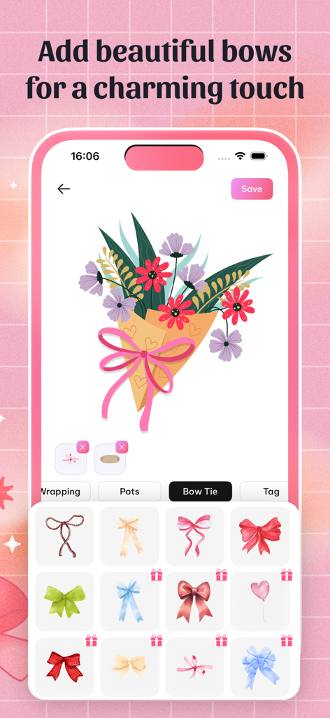 DIY Flower Language Keyboard - A mobile interface from the DIY Flower Language Keyboard app showing various colorful bow options to decorate a digital floral bouquet.