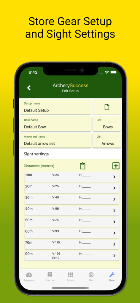 ArcherySuccess - Score & Plot - Tela do aplicativo ArcherySuccess para armazenar a configuração do equipamento de tiro com arco e as configurações de mira para várias distâncias